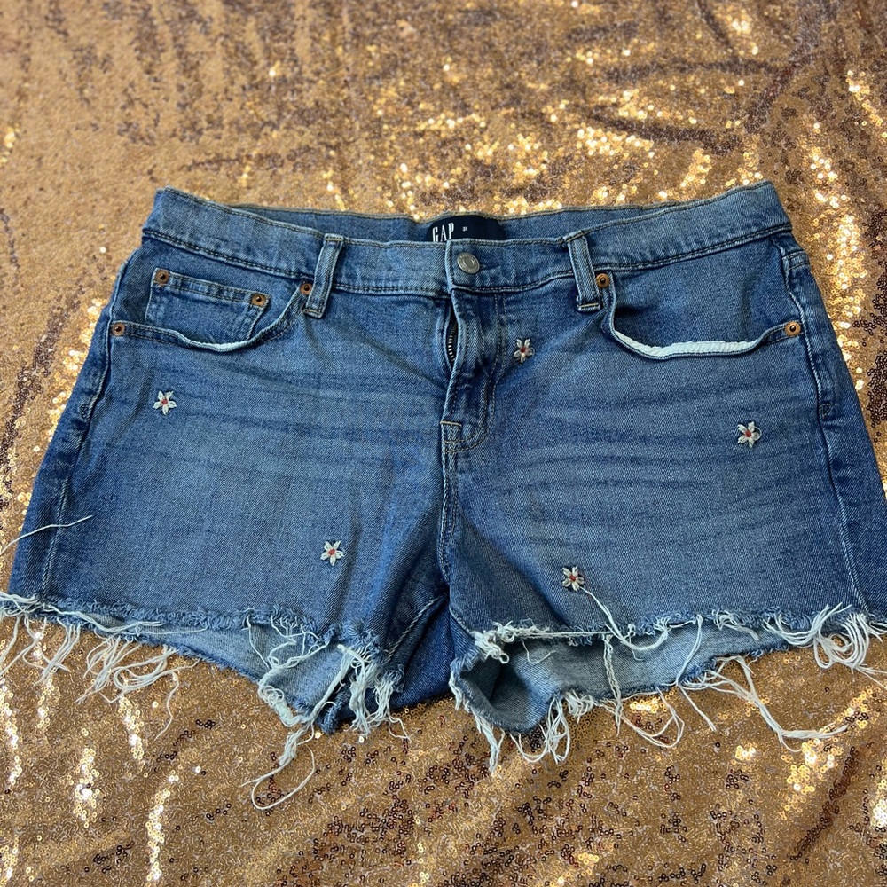 GAP Blue Denim Jean Shorts with Frayed Hem and Floral Embroidered Accents